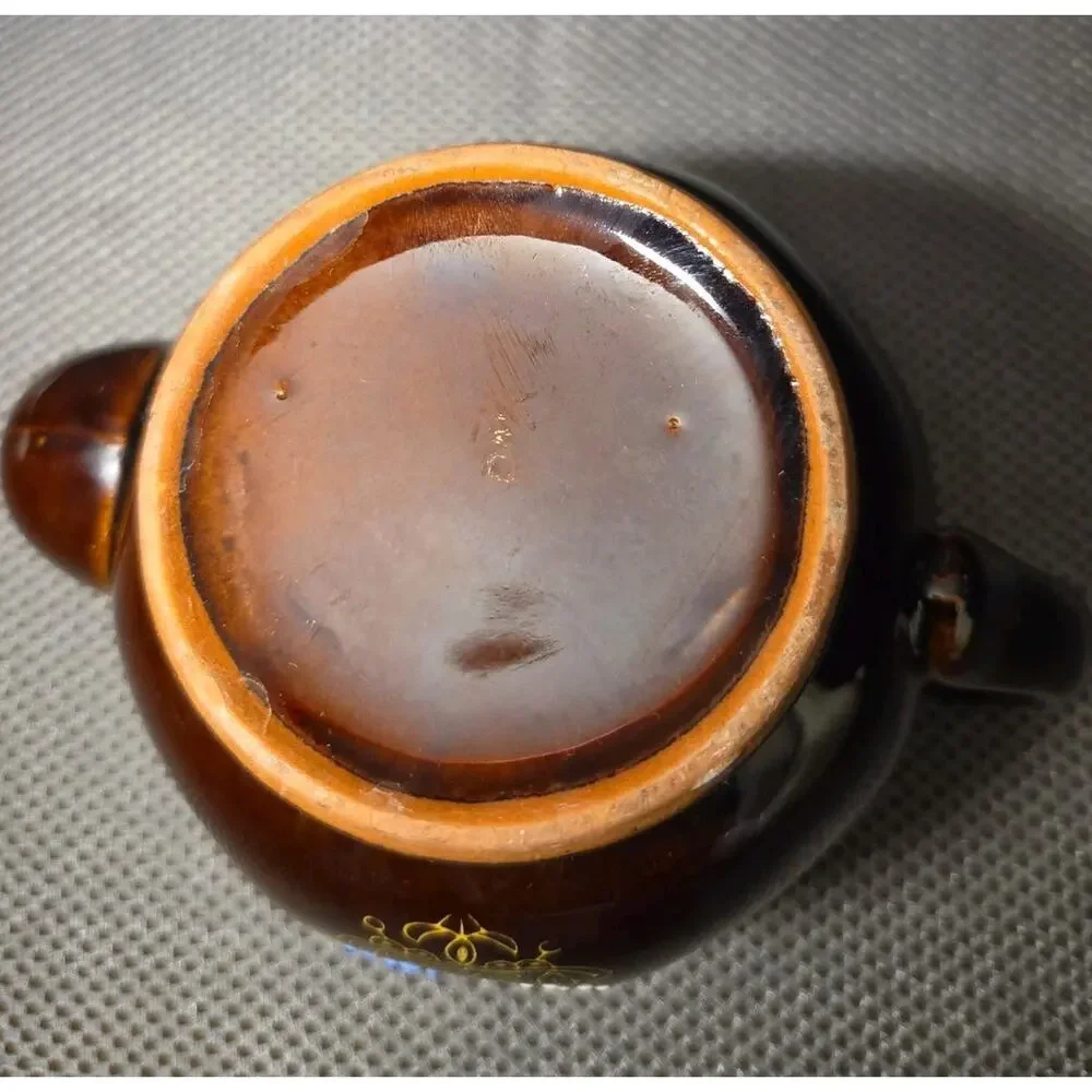 Vintage Brown Betty Redware Teapot Moriage Enamel Hand Painted Japan GUC MCM